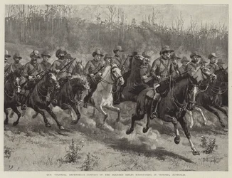 Unsere kolonialen Verteidigungen, eine Kompanie der berittenen Gewehre, die in Victoria, Australien, manövrieren